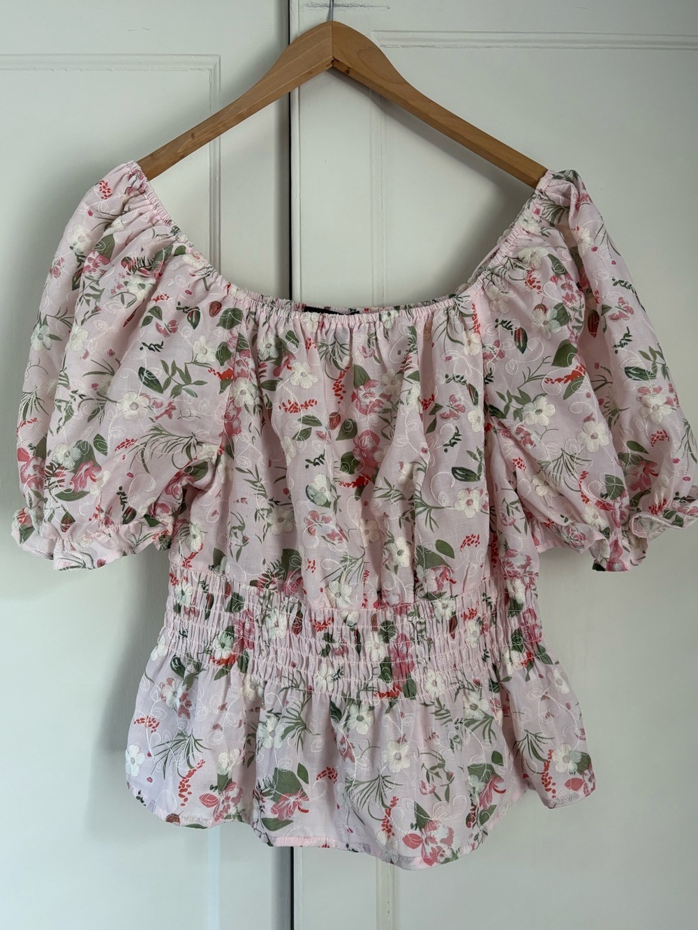 Alice Blue Cotton Floral Smocked Puff Sleeve Blouse